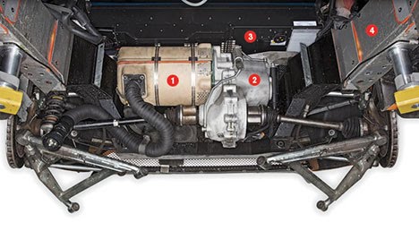 Tesla Roadster 1- Moteur électrique 2 - Transmission (8,27: 1) 3- Batterie 4 - Électronique de puissance