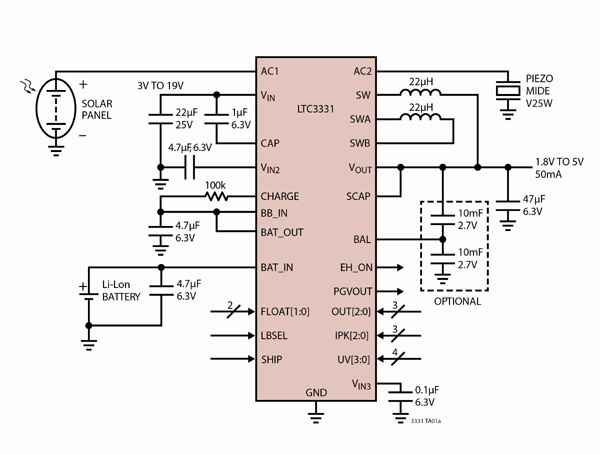 Figure 1. Augmentation de durée de vie de pile et récupération d'énergie LTC3331